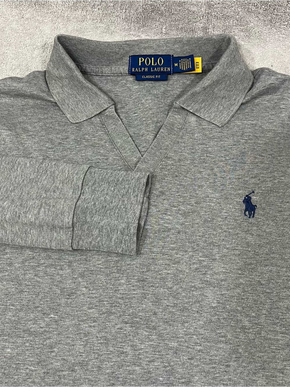 Polo Ralph Lauren Mens Medium Long Sleeve Polo Shirt V-Neck Johnny Collar Gray